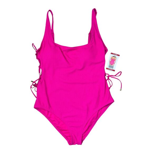 Social Standard by Sanctuary NWT Pink Ribbed Side Lace Up One Piece Swimsuit - Picture 3 of 10